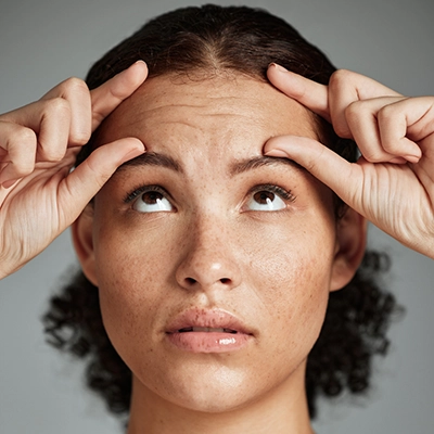 Woman looking in mirror at wrinkled forehead, Botox service image